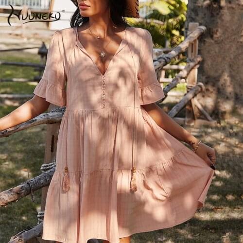 Spring Summer Women Casual Fashion Sexy Dress 2021 Candy Colors A-Line Dresses V-Neck Short Sleeve Dress Beach New Boho WDR03