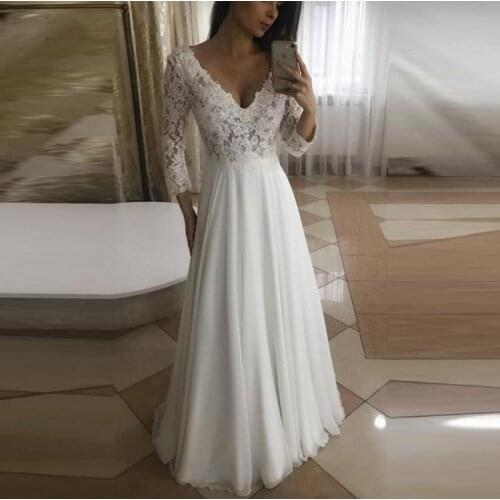 Gorgeous V-Neck 3/4 Long Sleeve Ivory Sweep Train Chiffo A Line Lace Wedding Dress Bride Gown Vestidos De Novia With Beading