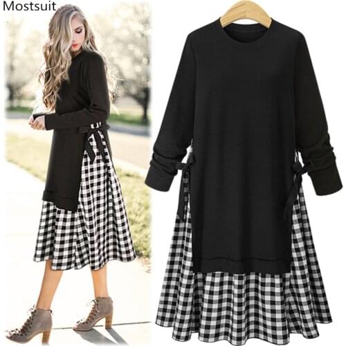 L-4xl Plus Size Black Plaid Patchwork Dress Women Spring Autumn Casual Vintage Stylish Dresses Long Sleeve O-neck Vestidos Femme