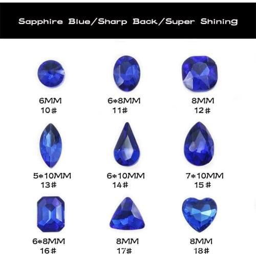 New 50pcs super shining sharp bottom sapphire blue top quality nail art glass rhinestone round/oval/square/drop/heart shape