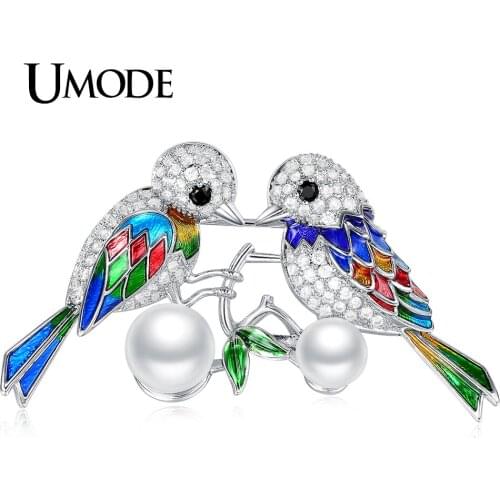 UMODE New Fashion Jewelry Two Birds Charm Enamel Pin and Brooches for Women White Gold Color Large Pearl Brooch Design AUX0034