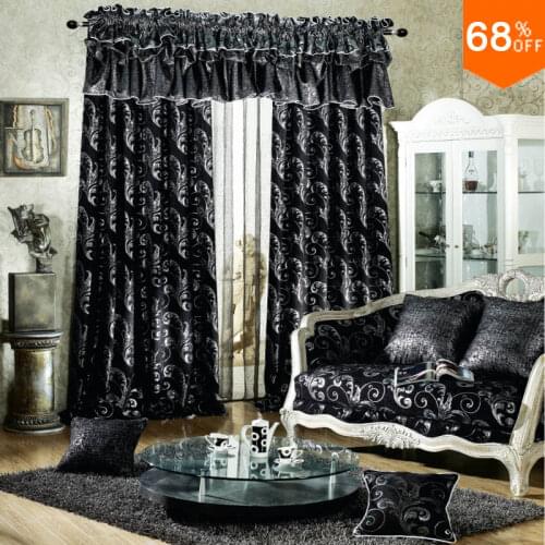 Black luxurious Rod Stick Hang style Living Room curtains for Restaurant Dark Grey and Silver color Blackout color Black Curtain
