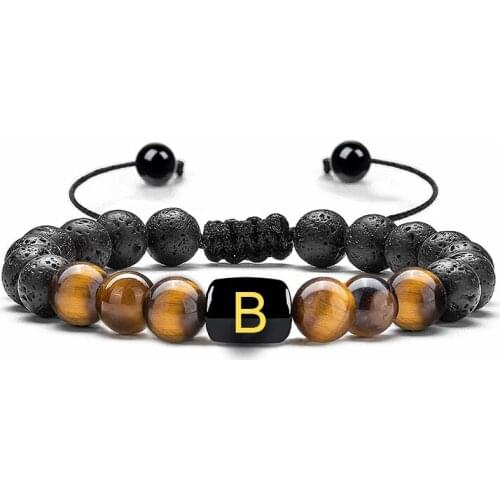 HIYONG 26 Letter Beads Bracelet Handmade Lava Rocks Bracelets for Men Natural Tiger Eye Healing Stones Bracelet Jewelry Gifts