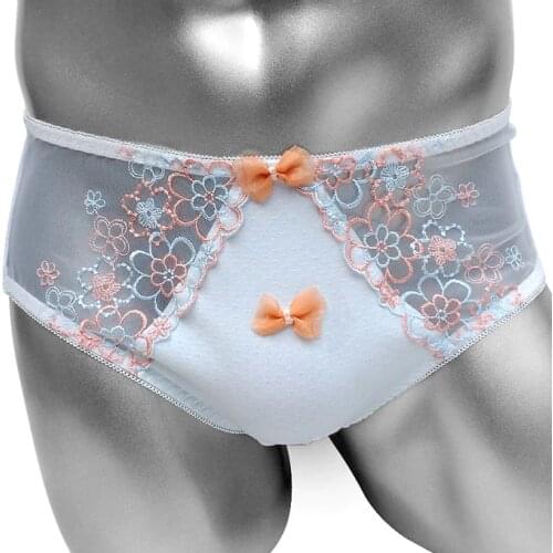 Cotton Sissy Briefs Panties With Floral Mesh Patchwork Bow Cute Lolita Men Underwear Fashion High Quality Underpant