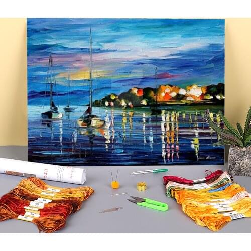 Night Harbor Printed Canvas 11CT Cross-Stitch Set Embroidery DMC Threads Sewing Knitting Handmade Hobby Design Home Sales