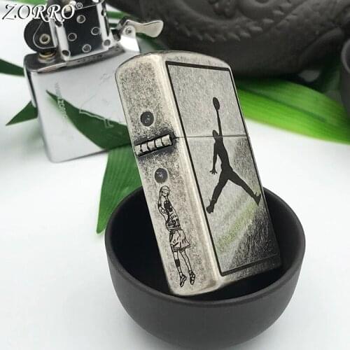 Zorro Kerosene Lighter Pure Copper Fine Carving Basketball Star Creativity Old Silver Men Gift Collection Smoking Tool