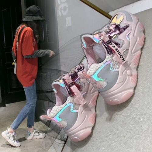 Fashion Platform Sneakers Shoes Women Reflective Shoes Lace-up Wedge Sneakers Woman Dad Shoes Zapatillas Mujer Casual