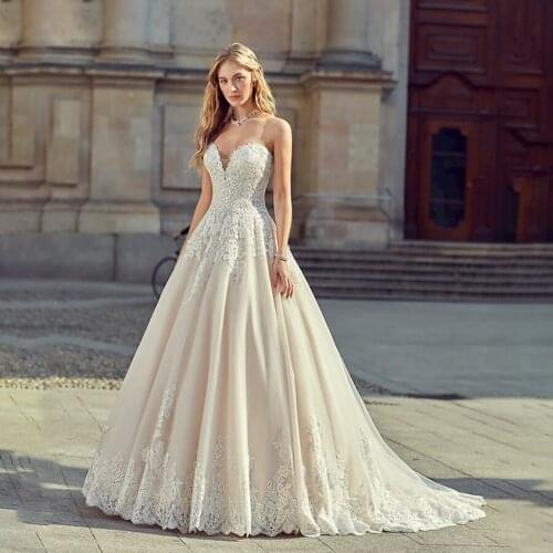 Sweetheart Neckline A-line Champagne Lace Applique Wedding Dress Button Back Bridal Gowns vestidos de noiva princesa