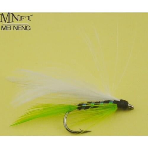 MNFT New Fishing Flies White Feather Wing Green Tail Clear Plastic Rainbow Film Body Fly Fishing Lures 7# (6PCS/LOT)