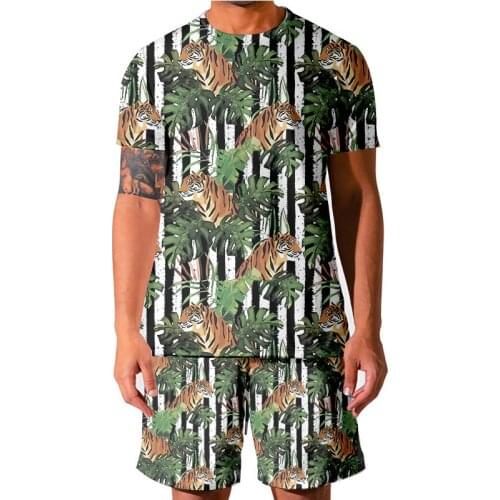 Shorts Set Men 2021 Summer Leaf tiger Suit Fashion Print T-Shirt + Shorts Sportswears 2 Piece Sets Male Jogger Tracksuit