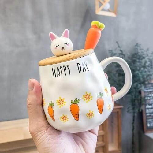 Cartoon Rabbit Ceramic Mug Set with Wood Lid Carrot Spoon Milk Coffee Tea Cups for Children Xmas Birthday Gift 400ML