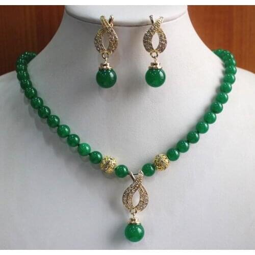 Wholesale good Charming 8mm Green Dangle gem stone Earring Necklace Pendant Jewelry Set AAA watch Quartz stone crysta