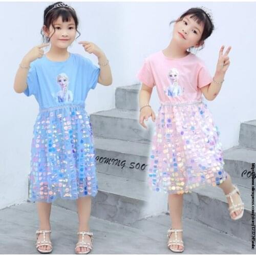 Girl Dress Summer Kids Clothes Princess Frozen 2 Anna Elsa Print Sequins Dresses Cosplay Costume Party Birthday Children Clothin