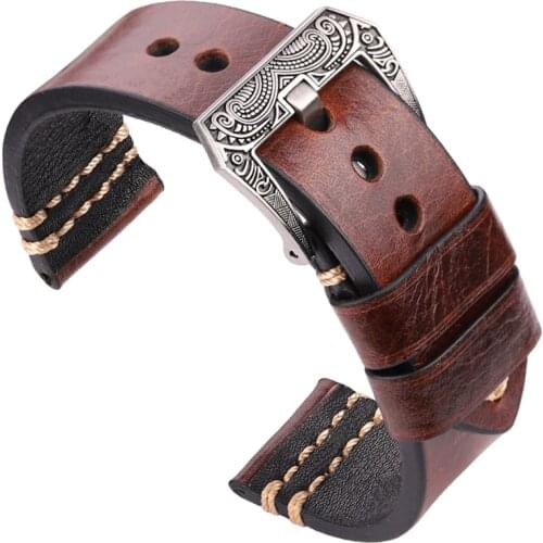 Handmade Watchband 20mm 22mm 24mm Genuien Leather Watch Band Strap 4 Colors Cowhide Watch Accessories Retro Steel Buckle