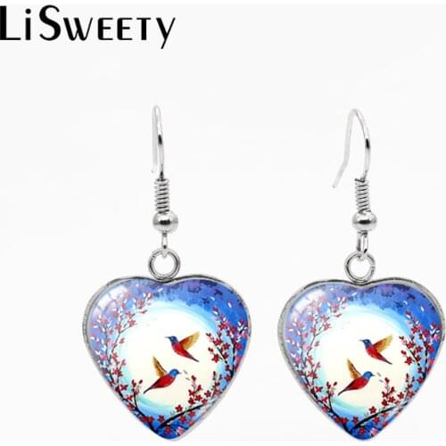 2021 New Fashion Hummingbird with Blossom Flowers Paintings Heart Dangles Handmade Heart Fish Hook Earrings