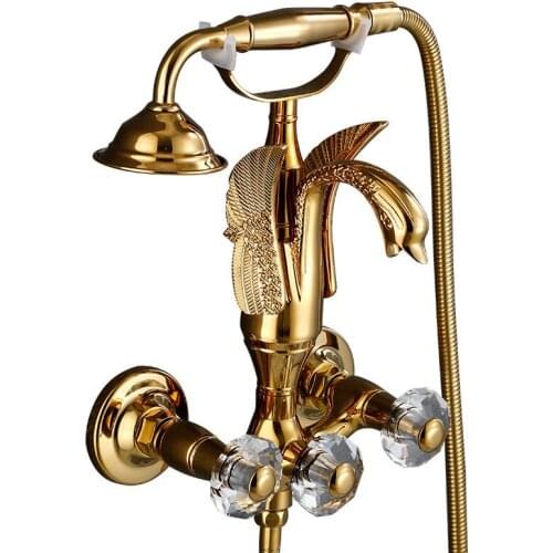 Bathroom Bathtub Shower Faucet Set Hot & Cold Solid Brass Mixer Taps With Handheld Rotating Wall Mounted Gold Swan Shape Chrome