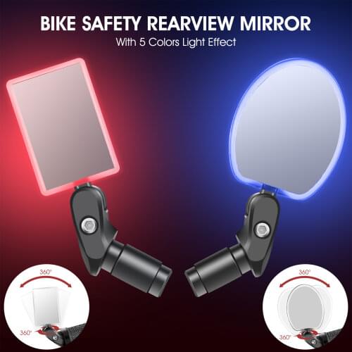 WEST BIKING Bike Rearview Mirror with 5 Colors LED Warning Light Handlebar End 360 Degree Rotation MTB Bicycle Rearview Mirrors