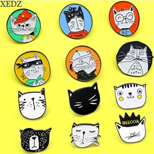 XEDZ Cartoon 24pcs Round Cat Head Enamel Brooches Fashion Cute Animal Pet Black/White Pirate Sunglasses Cat Badge Jewelry Gift