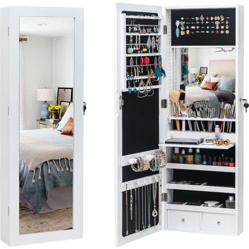 Full Body Makeup Mirror Jewelry Storage Cabinet Wood Wall-Mounted 3-Layer Shelf 2 Drawers 17 Cosmetic Brush Holders 95 LED White