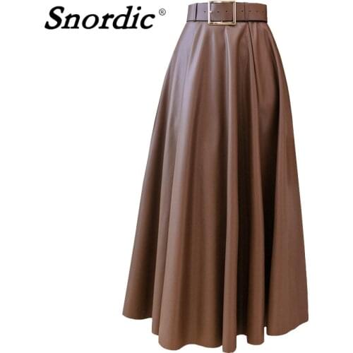 2021 Women Autumn High Waist PU Long Umbrella Skirt Sashes A-line Midi Pleat Skirts Office Lady