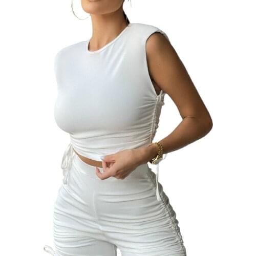 Womens Shorts Trouser Suits Summer Womens Solid Color Sleeveless Round Neck Pleated Sports Shorts Suit Womens Clothing 2021