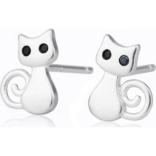925 Sterling Silver Crystal Animals Cat Stud Earrings For Women Female pendientes eh071