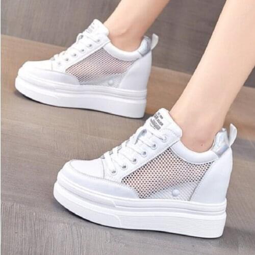 Spring Autumn New Outdoor Height Increasing Wedges Platform Breathable Mesh Genuine Leather Women Pumps Ladies Sneakers Shoes