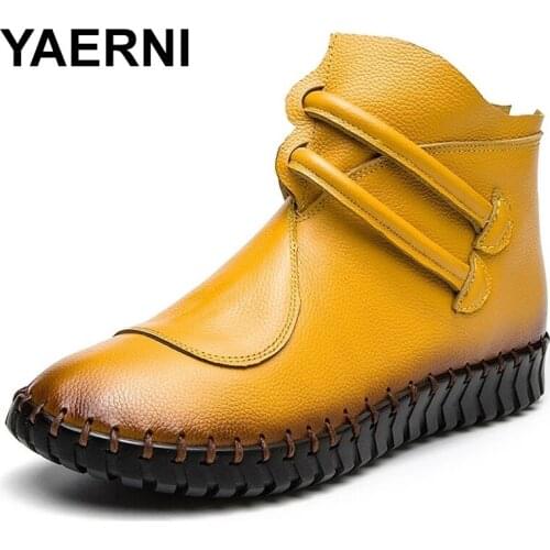 YAERNIandmade Winter Women Ankle Boots Genuine Leather Chelsea Boots For Woman Solid Flat With Cowhide Shoes Zapatos Mujer