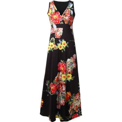 Women Plus Size Dresses Sleeveless Summer Beach Long Boho Maxi Dresses Floral Print Loose Vinatge Dress Off Shoulder Dress Robe