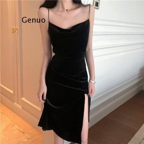 Brand New Women Dress Spaghetti Strap Slit Velvet Black Dress Sexy Bodycon bandage Dress Midi Party Dress Vestidos Verano