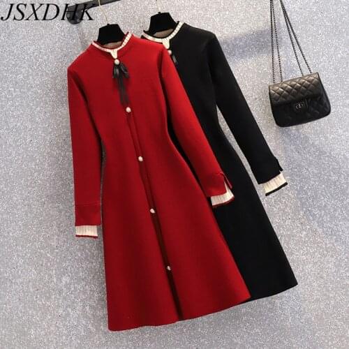 JSXDHK New 2021 Elegant Women Knitted Dress Plus Size Autumn Bow Pearl Button Red Long Sleeve Thick Stand Collar Sweater Dresses