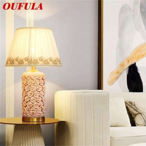 OUFULA Ceramic Table Lamps Rose Luxury Brass Fabric Desk Light Home Decorative for Living Room Dining Room Bedroom