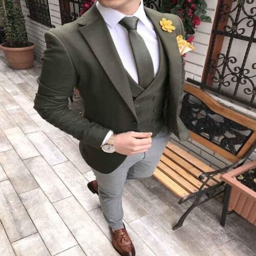 Gray Double-breasted Suit Mens 2020 Custom Made Slim Fit Business Wedding Suits Male Party Suit Groom Prom Tuxedos 3 Piece Set