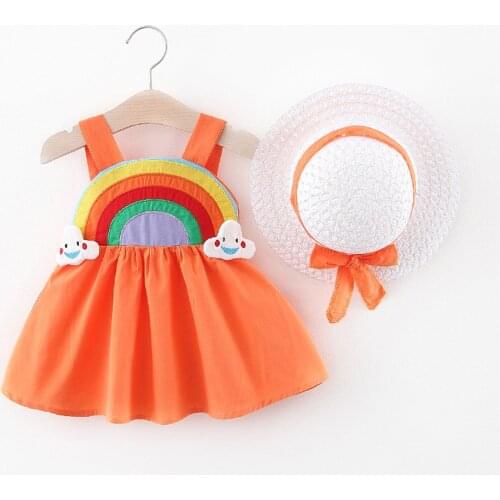 Summer Toddler Infant Kids Baby Girls Clothes Cute Sleeveless Sling Rainbow Printed Princess Dress Sundress Hat Outfits Set#P4