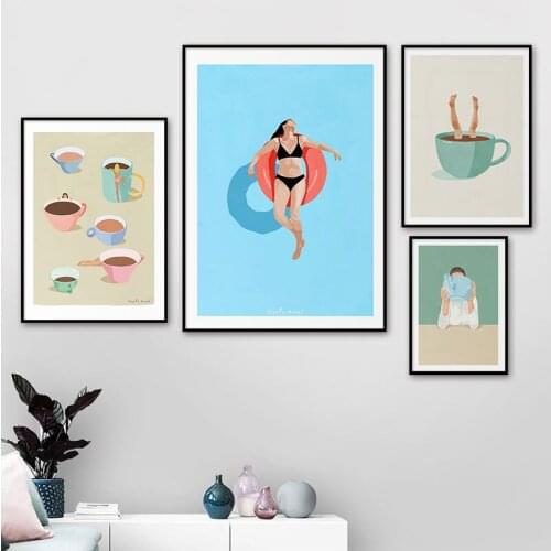 Cartoon Abstract Nordic Poster Swimming Pool Coffee Cup Funny Wall Art Print Canvas Painting Picture for Living Room Home Decor