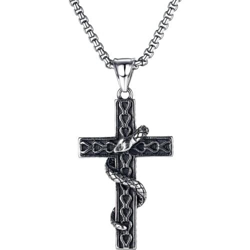 FATE LOVE Male Men Christian Snake Cross Pendant Necklace Chain Silver Color Stainless Steel Fashion Jewelry Gift
