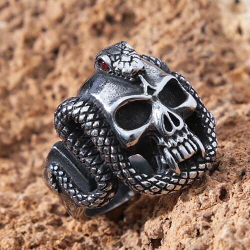 Gothic Skull and Snake Ring Men Biker Skull Ring Punk Stainless Steel Red Eye Snake Ring Fashion Jewelry Gift Wholesale