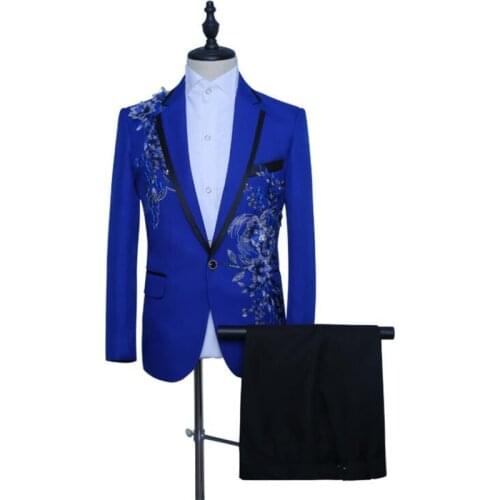 Blazer men groom suit set with pants blue wedding suits fashion costume singer star style dance stage clothing formal dress B6