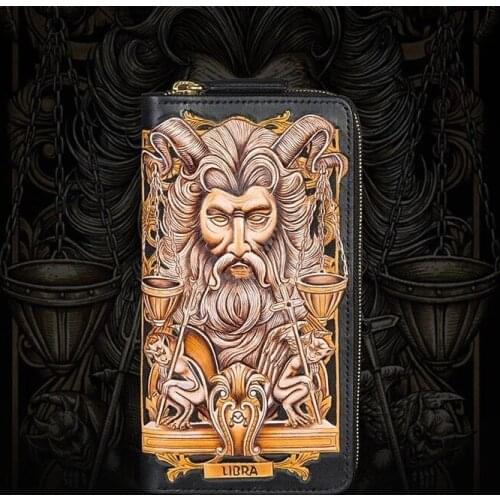 Handmade Genuine Leather Aries Wallets Cartoon Constellation Purses Men Long Clutch Vegetable Tanned Leather Card Holder