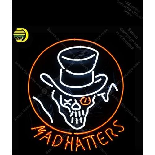 NEON SIGN For Madhatters NEON Lamp Skull With Hat GLASS enseigne lumineuse neon light wall icons light Polis Signage Shop Board