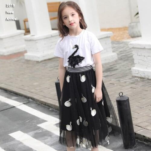 New 2019 Girls Summer Clothes 8 10 12 years Two Piece Set Embroidery Swan T shirt Mesh Skirts Teenage Girls Boutique Outfits