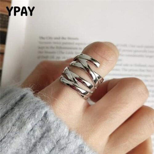 YPAY Genuine 925 Sterling Silver Open Rings for Women Men Korean Vintage Multi-layer Line Weave Rings Fine Jewelry Gifts YMR853