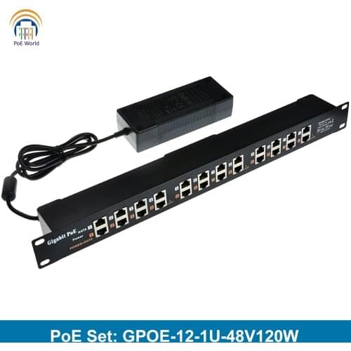 GPOE-12-1U-48V120W Ethernet connector gigabit POE 12 Port Power over Ethernet Injector include 48v 120w power supply