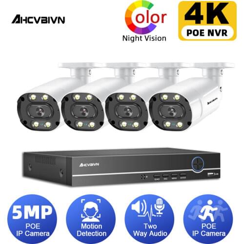 CCtv Security Camera Surveillance System Kit 4K POE 4CH NVR Outdoor Two-way Audio Color Night Vision 5mp Bullet Camera Set