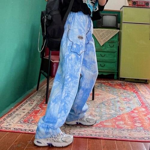 Street hip hop versatile tie dye loose BF boyfriend casual pants mens and womens straight pant trousers