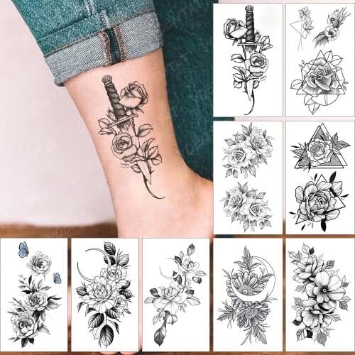 Waterproof Temporary Tattoo Sticker Knife Rose Old School Flower Thorns Ankle Flash Tatoo Fake Tatto For Body Art Women Men