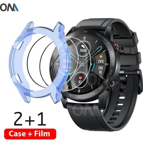 2-in-1 Protector Case + Screen Protector for Huawei Honor Watch Magic 2 46mm Soft TPU Protective Cover Shell Tempered Glass Film