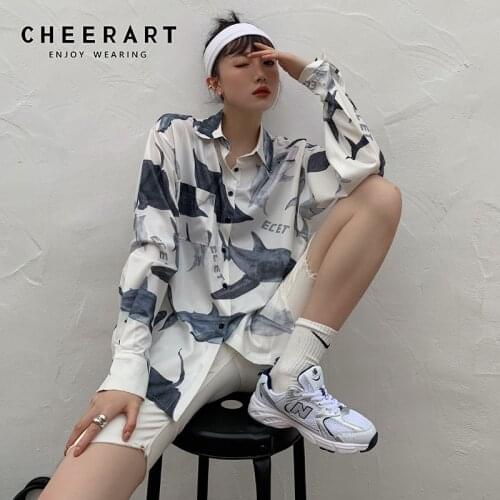 CHEERART Shark Print Oversized Shirt White Long Sleeve Top Women 2020 Button Up Collar Shirt High Fashion New Blouses