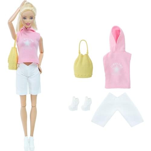 BJDBUS 1 Set Doll Outfit Pink Vest Shirt White Short Pants Boot Shoes Handbag Accessories Clothes for Barbie Doll DIY Kids Toys