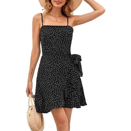 20212 Women Summer Dress Sexy High Waist Slash Neck Polka Dot Printing Lace Up 4 Colors Ladies Irregular Ruffle Hem Sling Dress
